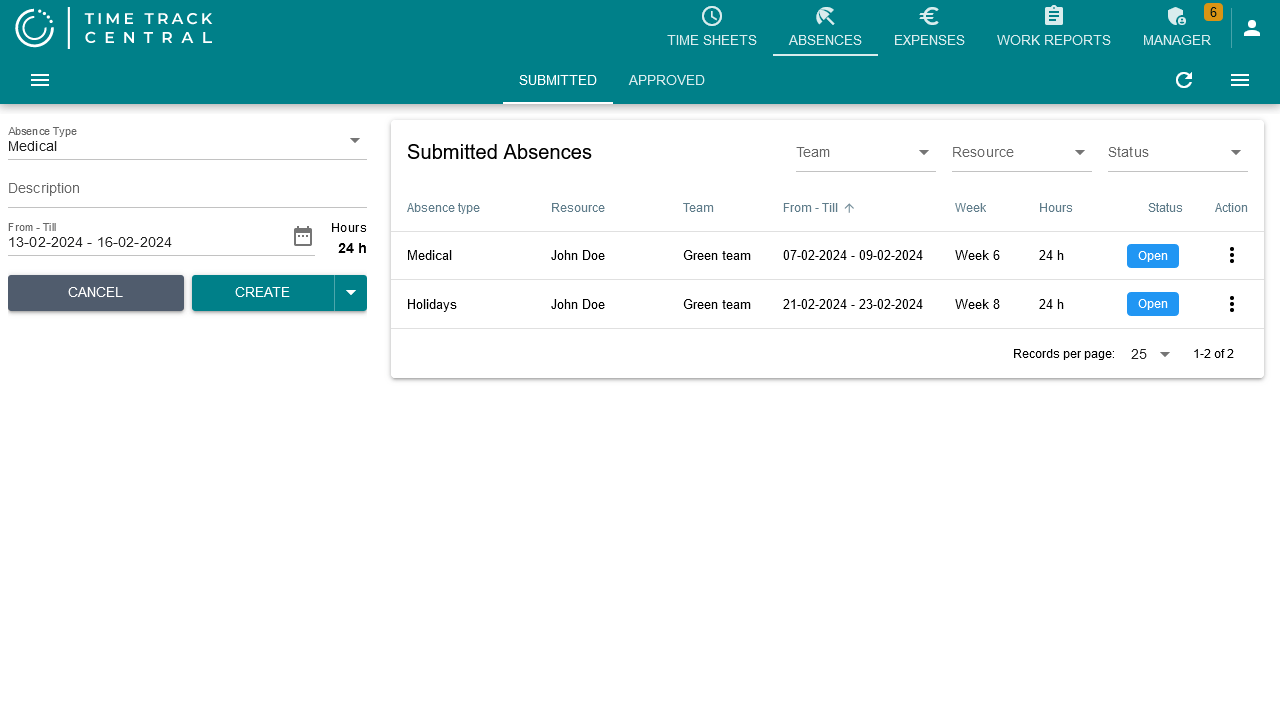 The Absences tab's entry panel on the left, and the Submitted Absences list showing two Open requests