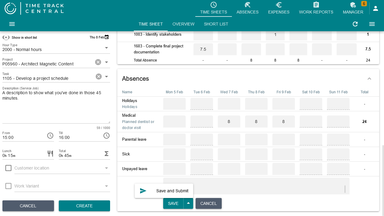 The Absences card below the hours table, with one row per absence cause and a column per day, and Save / Save and Submit buttons