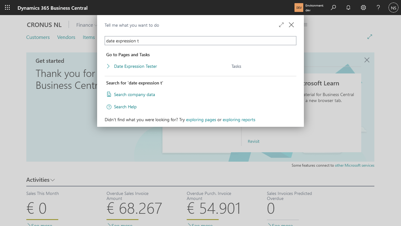 Searching Business Central for "date expression t" shows Date Expression Tester under Tasks