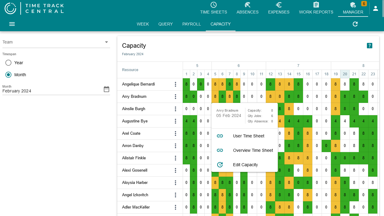 Clicking a cell in the Capacity grid opens a popup with User Time Sheet, Overview Time Sheet, and Edit Capacity actions