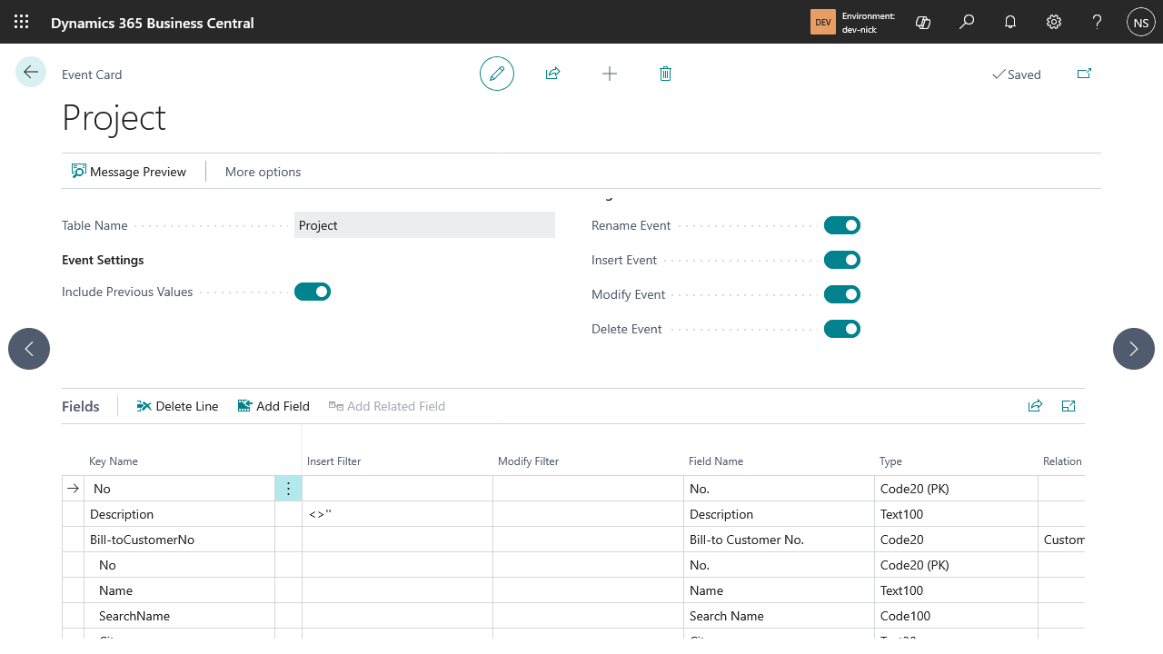Event Card for the Project table with Bill-toCustomerNo's related No./Name/SearchName fields nested underneath it