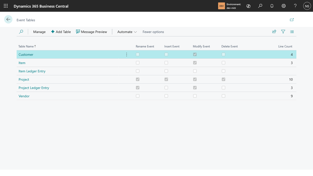 Event Tables list showing Customer, Item, Project, and Vendor registered with different event types turned on