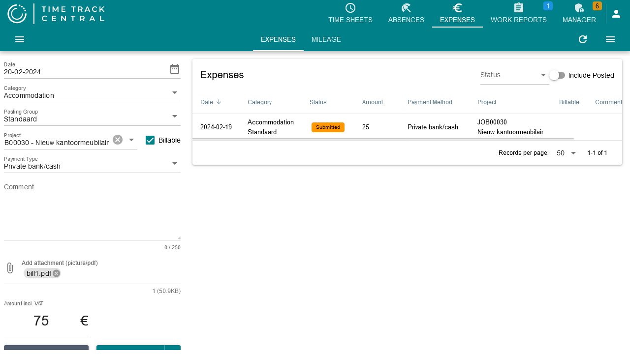 The Expenses entry panel on the left, with a submitted Accommodation claim listed on the right