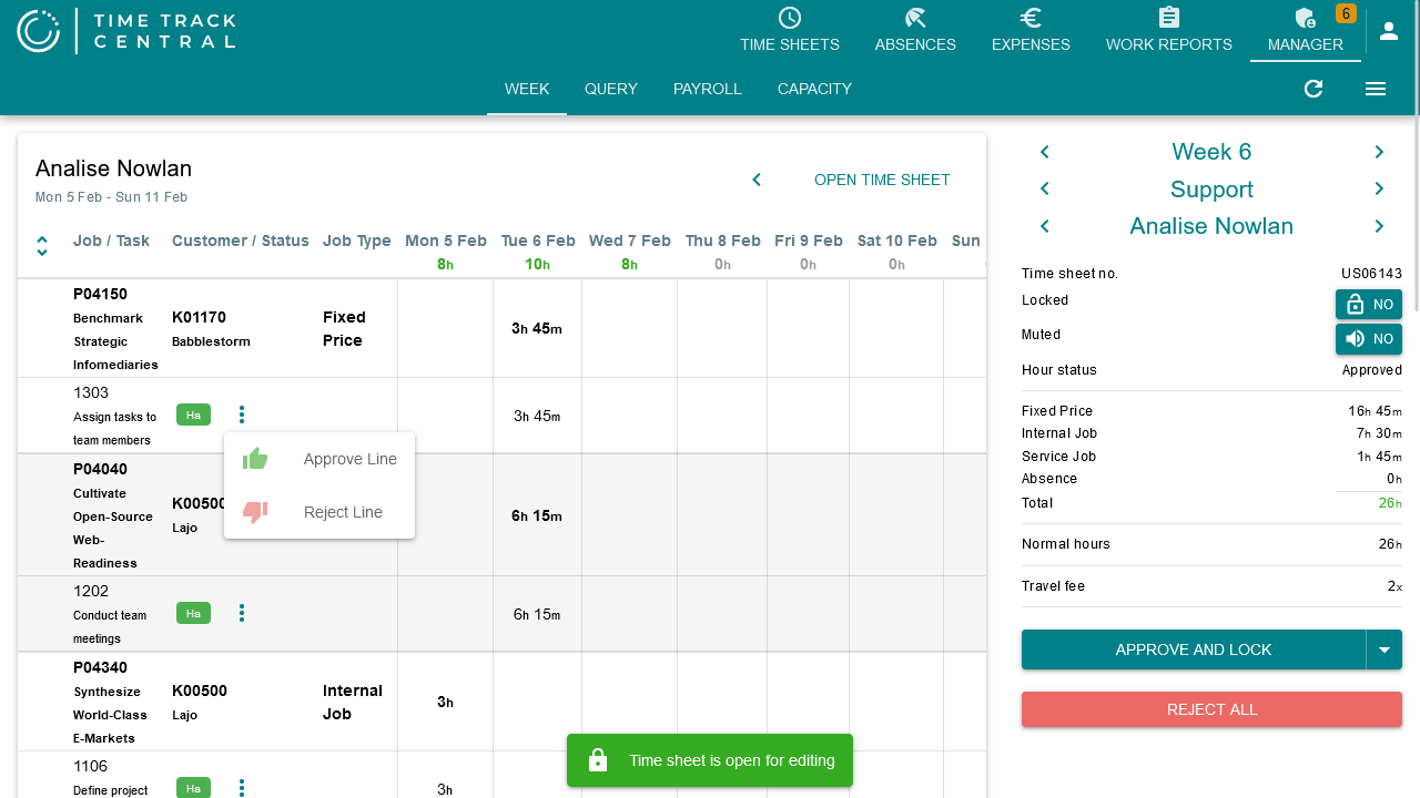 An employee's week detail, with the Approve Line / Reject Line menu open on a line and the summary panel's Approve and Lock / Reject All buttons on the right
