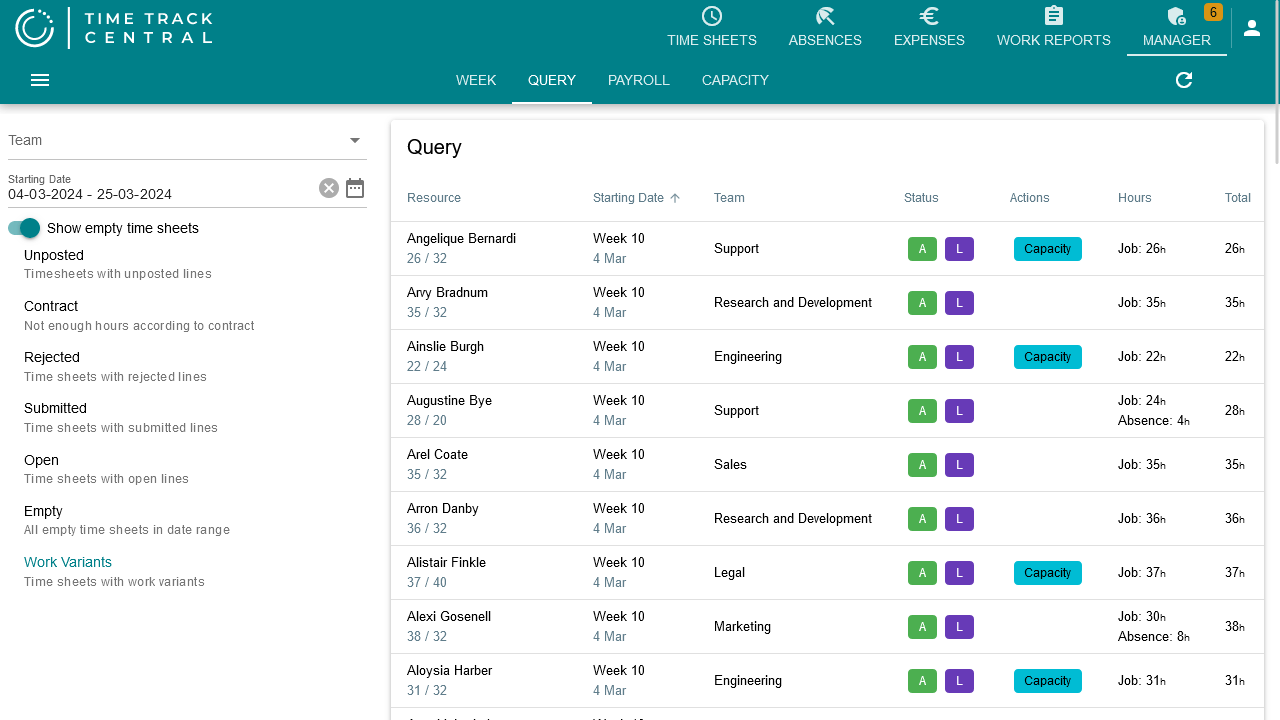 The Query tab's left panel, with quick filters for Unposted, Contract, Rejected, Submitted, Open, Empty, and Work Variants
