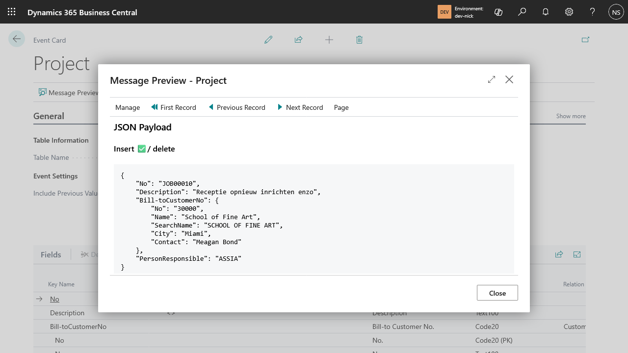 Message Preview for a Project record, showing the JSON payload with a nested Bill-toCustomerNo object and the Insert filter passing