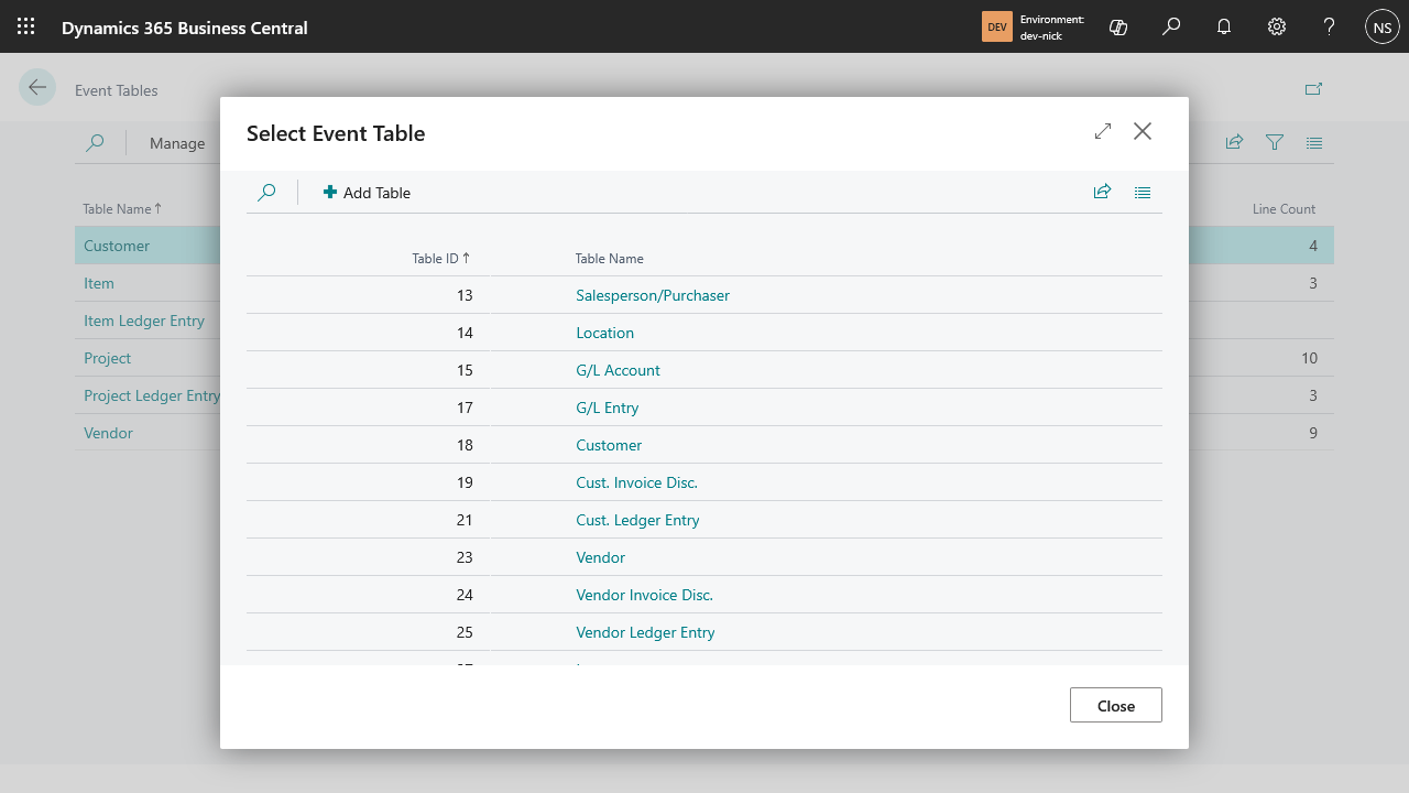 Select Event Table dialog listing tables like Location, G/L Account, and Customer to add