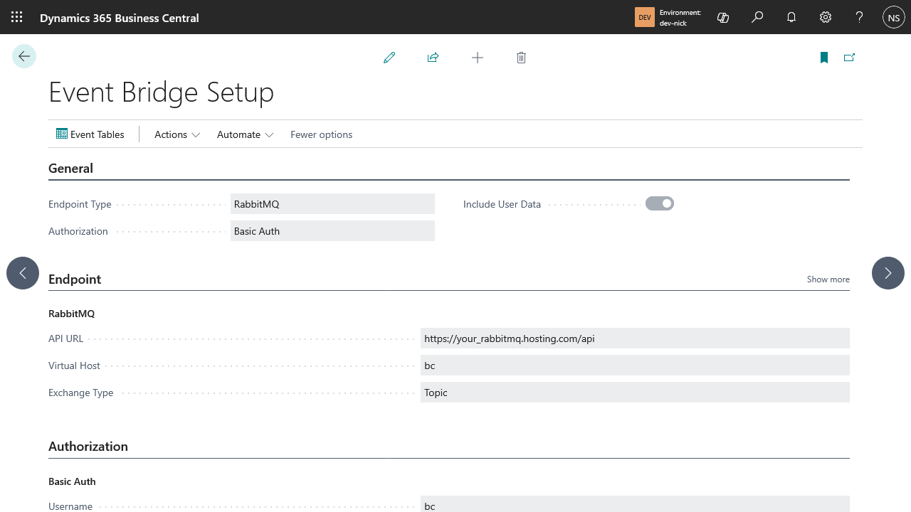 Event Bridge Setup configured for a RabbitMQ endpoint with Basic Auth