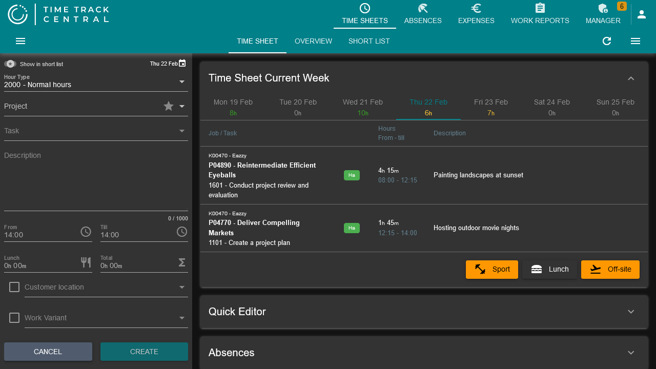 Quick-add Sport, Lunch, and Off-site day registration buttons below the Time Sheet Current Week table, shown in dark mode