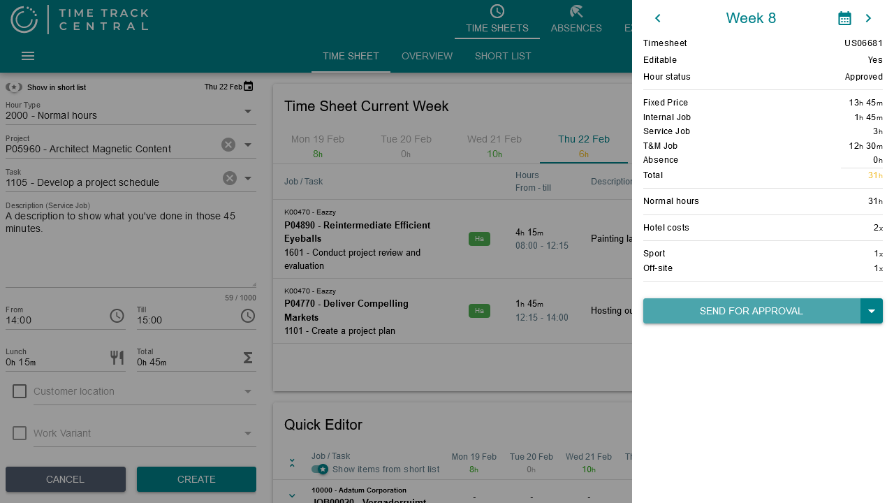 The smart editor entry form on the left, and a week's detail drawer with its hour breakdown and Send for Approval button on the right