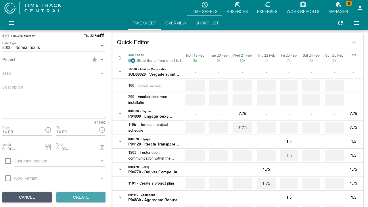 The Quick Editor grid, with one row per project/task and a column per day of the week