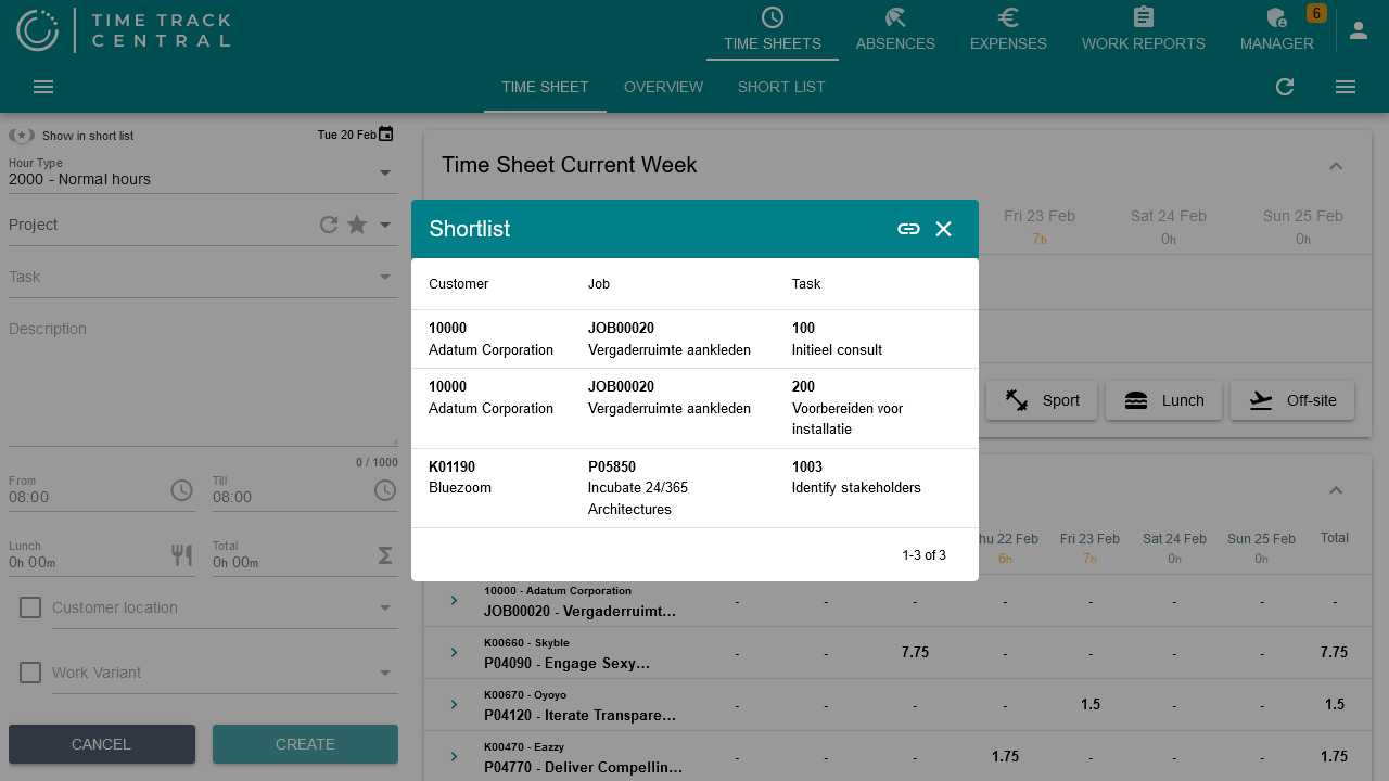 The Shortlist popup, opened from the star icon, listing three saved customer/project/task combinations