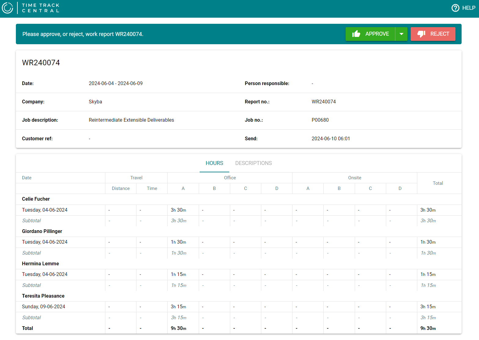 The external customer approval page for a work report, with Approve and Reject buttons and an hours breakdown table