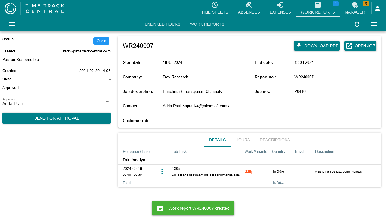 The new-report page: project details on the left, submitted timesheet lines grouped by employee with checkboxes on the right