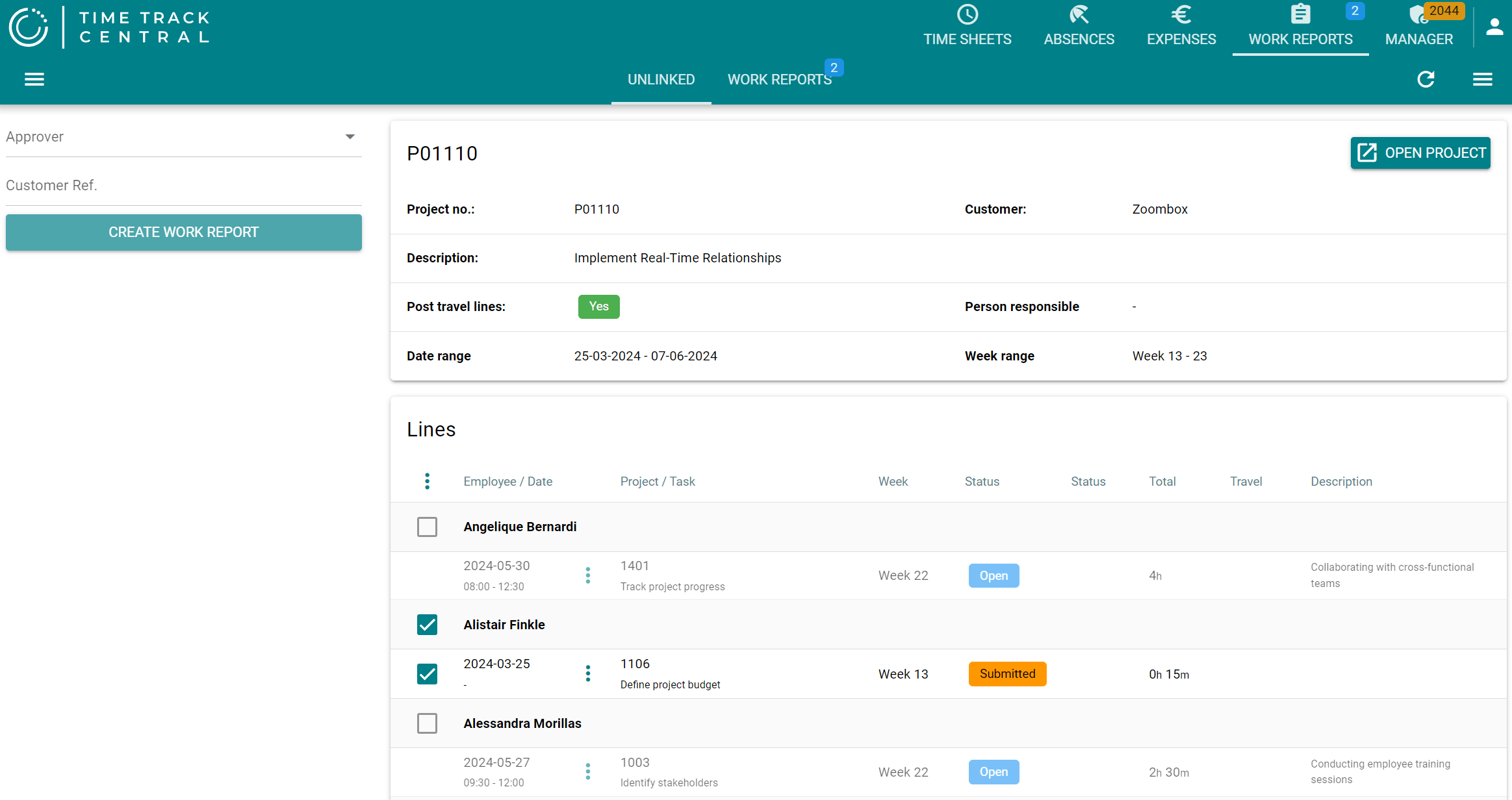 An Open work report's page, with Approver, Send for Approval button, and creator/created details on the left
